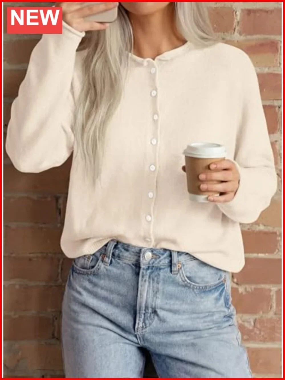 Oversized Button Up Knit Cardigan Crew Neck Long Sleeve Fall Sweater
